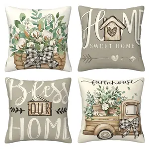 Farmhouse style Pillow Set with Eucalyptus Leaves Decorative Truck Sweet Home Spring Pillow Set, 4-piece Home Decoration Gift Set with Double sided Printing