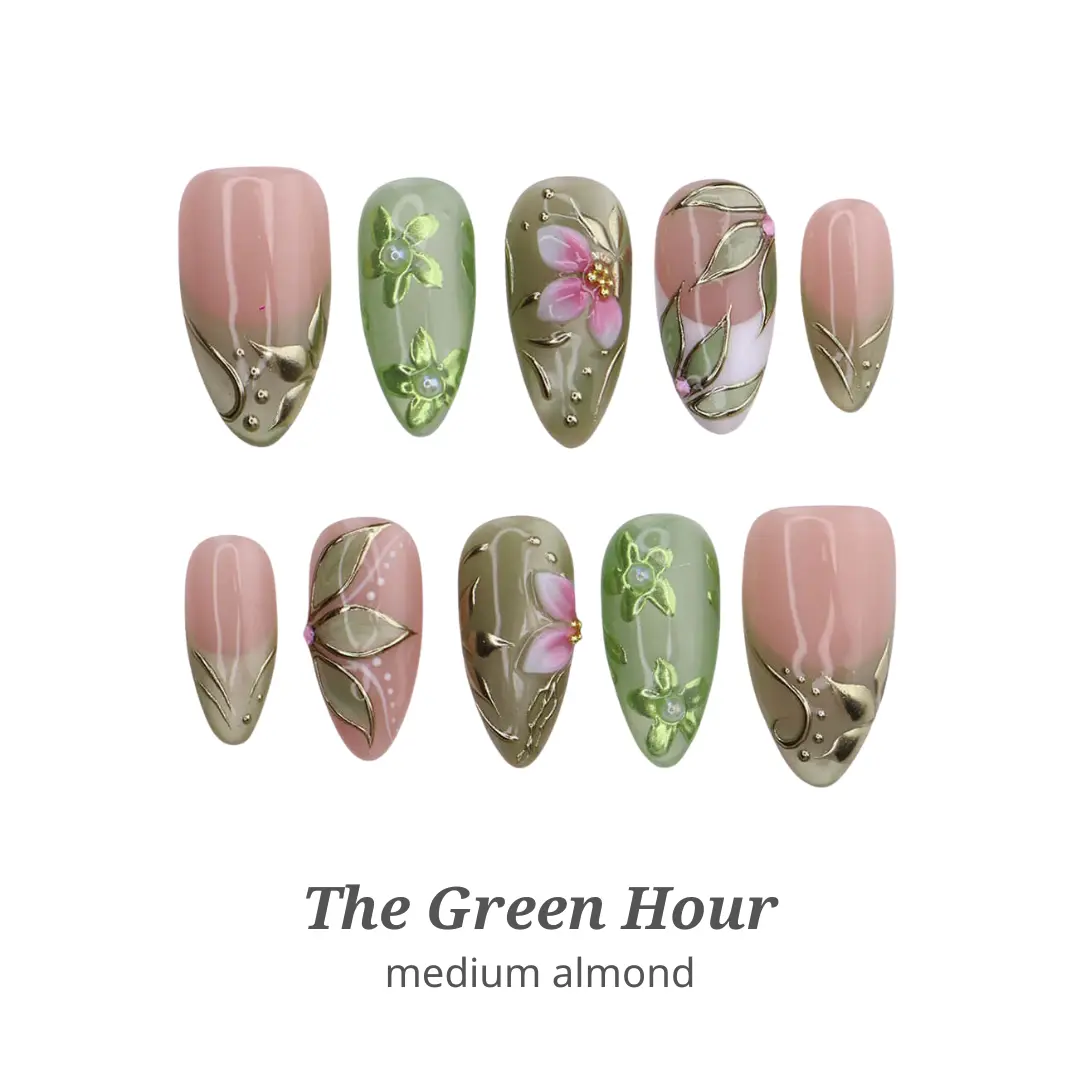 Lilynailsart | The Green Hour Press On Nails - Sage Green Floral Nails - Gold Chrome Handmade Gel Nails