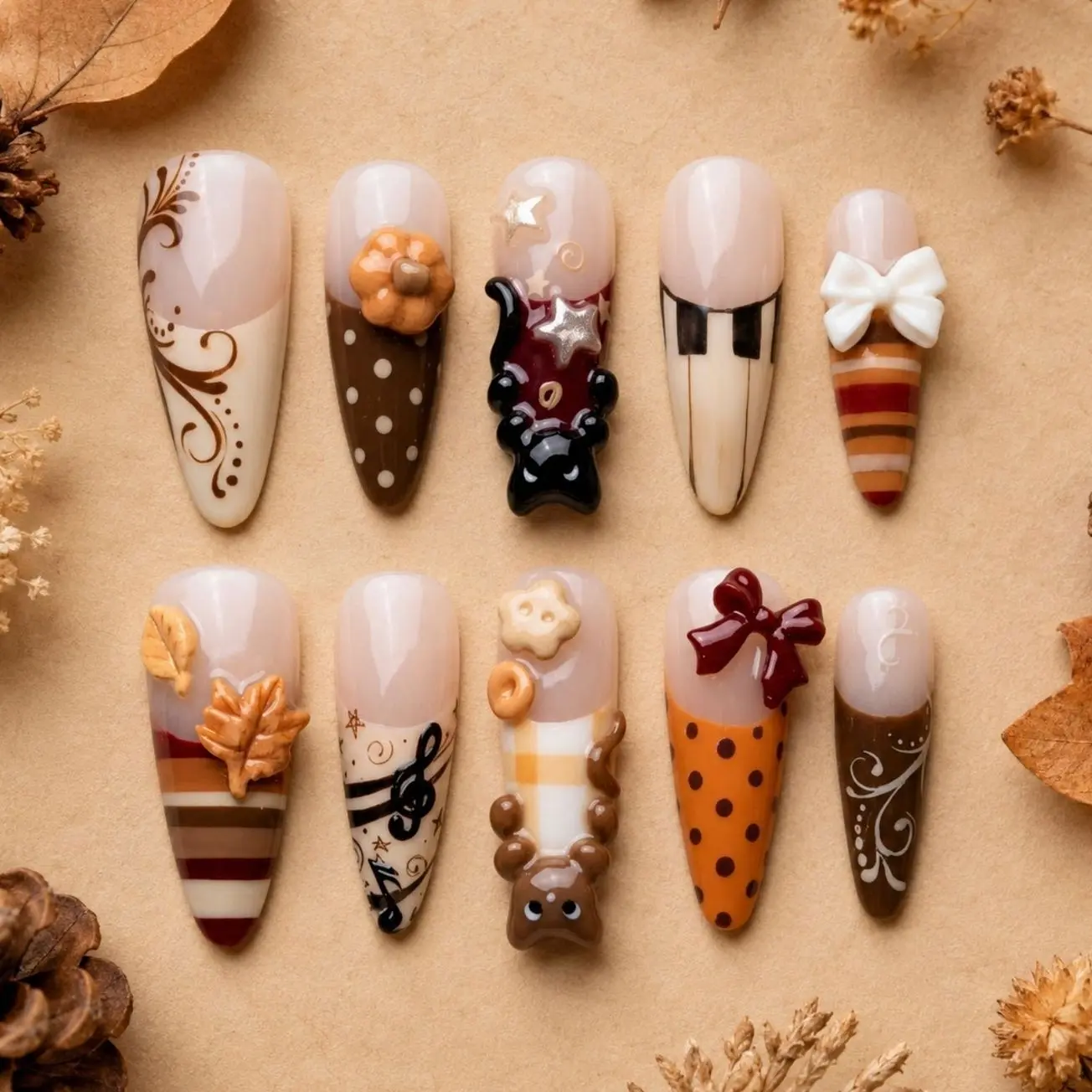 Brown Orange Nude Handmade Press On Nails, 3D Pumpkin Bow Charms, Music Notes, Polka Dots, Autumn Fall Cozy Reusable False Nails