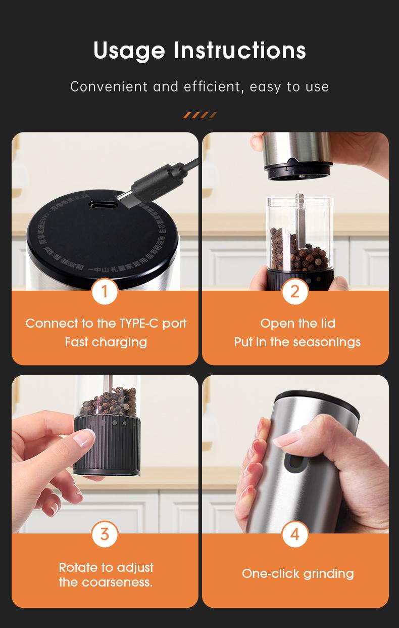 Automatic Salt and Pepper Grinder, Rechargeable Electric Spice Mill, LED Light Base, Large Capacity, Adjustable Coarseness, Self-Adjusting, Kitchen Utensils Set, New Year Gift, Home Kitchen