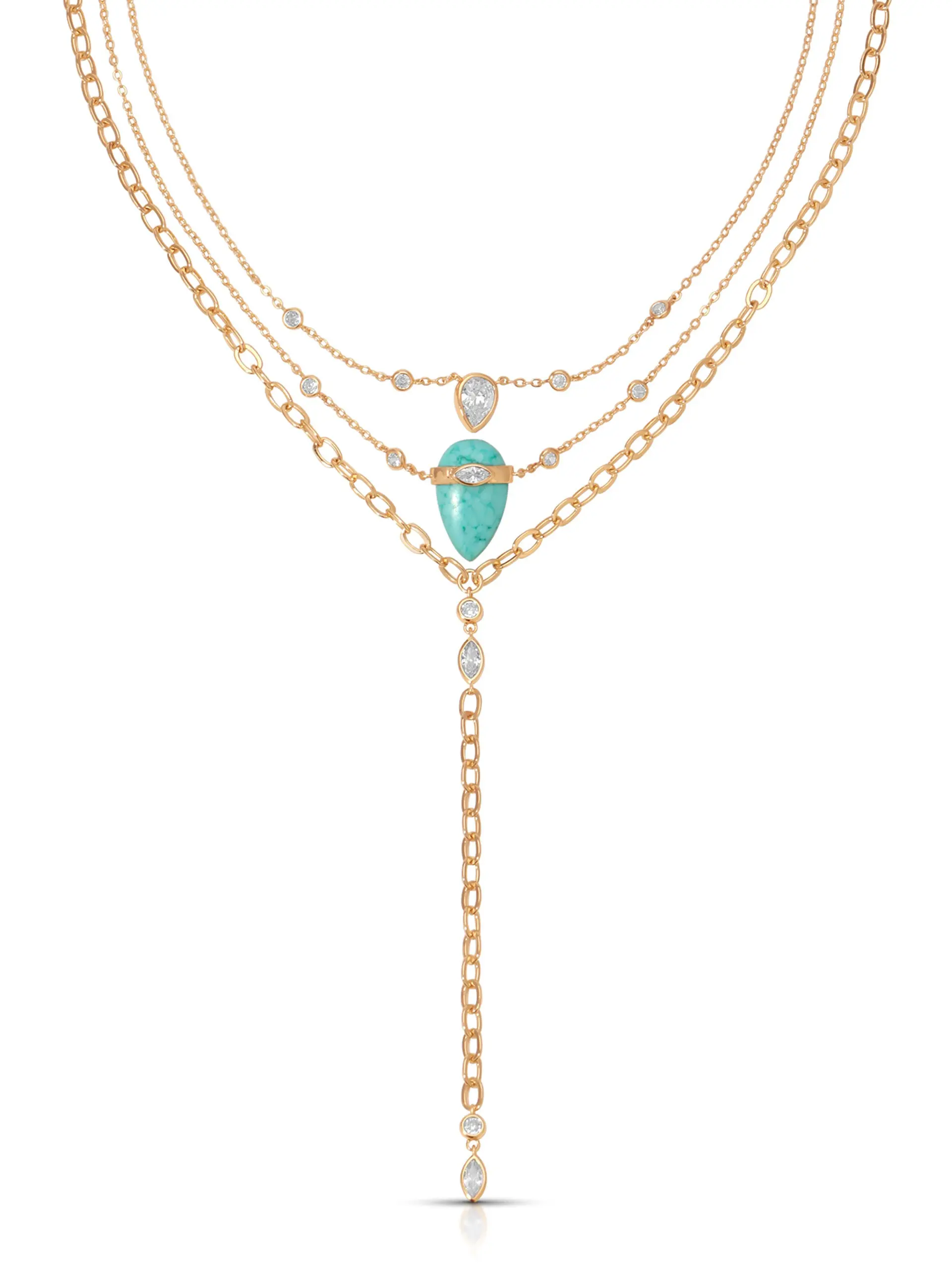 Ettika Turquoise Solstice Layered Necklace in Brass with 18k Gold Plating Reconstituted Turquoise & Cubic Zirconia 15 16 17.5 Inch Lengths Adjustable Extender Chain