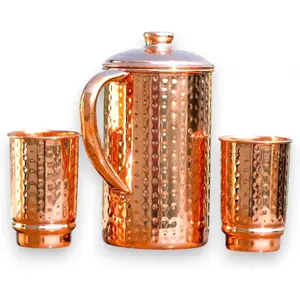 Handcrafted100% Pure Copper Jug Pitcher with 2Glass Drinkware Hammered Finish Ayurveda HealthBenefit - Embrace Health Benefits With Premium Copper