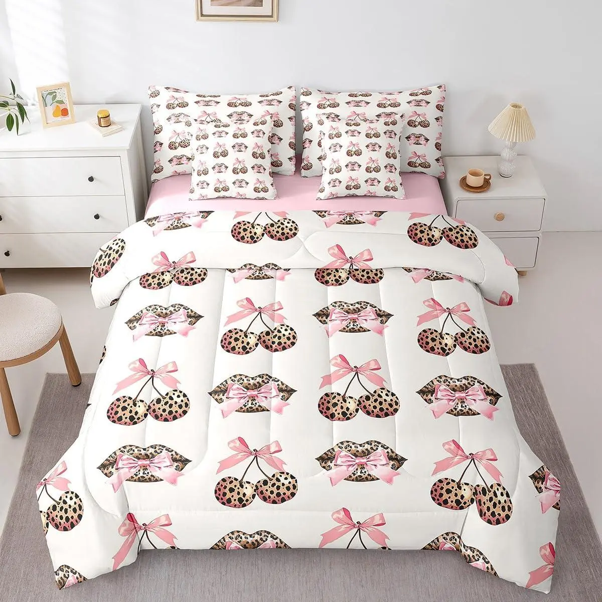 Feelyou 7-Piece Pink Leopard Bow Luxury Microfibre Queen Quilt Bedding Set - Queen Bed-in-A-Bag with Flat Sheet, Fitted Sheet, for Coquette Princess Girls, Room Decor, Aesthetic Room Decor, Leopard Print