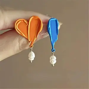 1 Pair French-Style Vintage Asymmetric Earrings Suitable for Women - -Looking Painting/Ear Studs with Drop Pendant, Elegant Jewelry for Parties, Travel, Weddings & Year-Round Wear