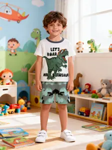 Round Neck Short Sleeve Shorts Pajama Set, Dinosaur Print, Fashion Casual Fitted Comfortable Homewear Loungewear Sleepwear