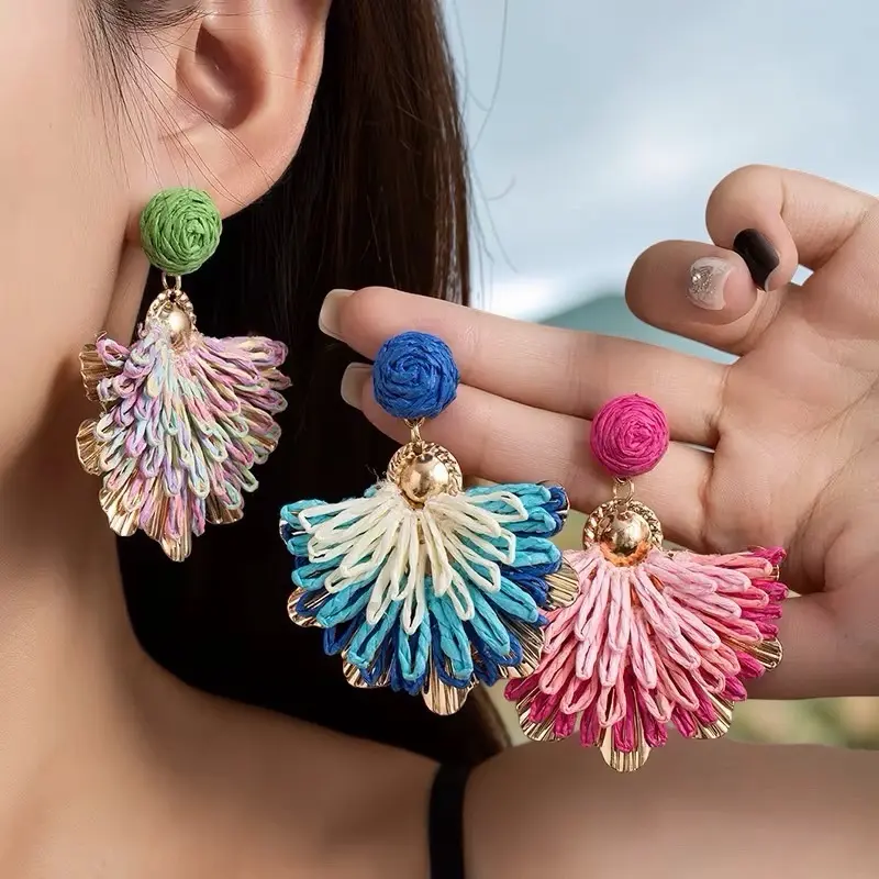 Women’s Boho Raffia Fan Drop Earrings – Colorful Floral Statement Dangle Earrings