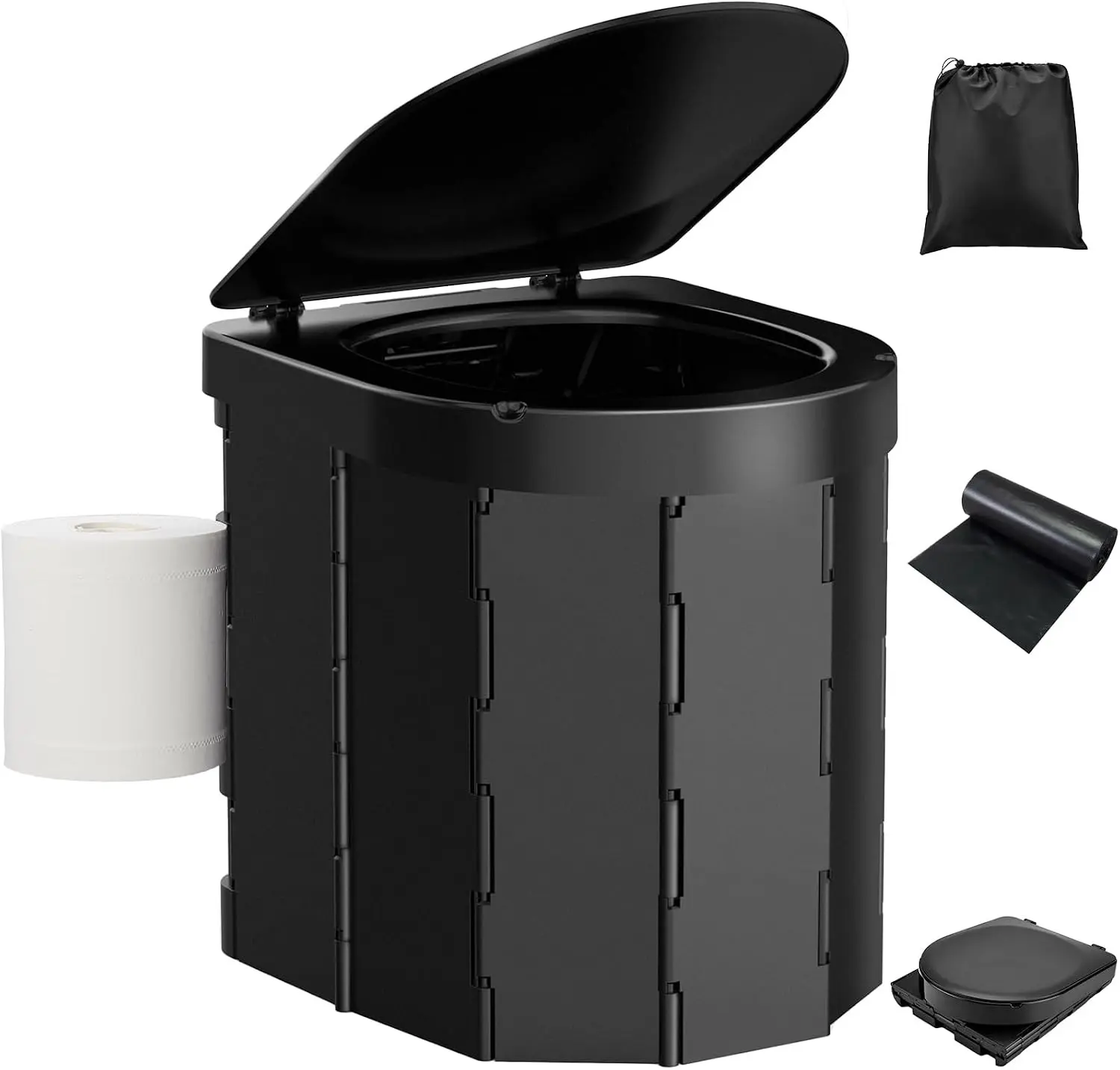 Portable Camping Toilet, Folding Toilet for Adults with Lid and Retractable Toilet Paper Holder, Waterproof Porta Potty with Carry Bag and Disposible Liners