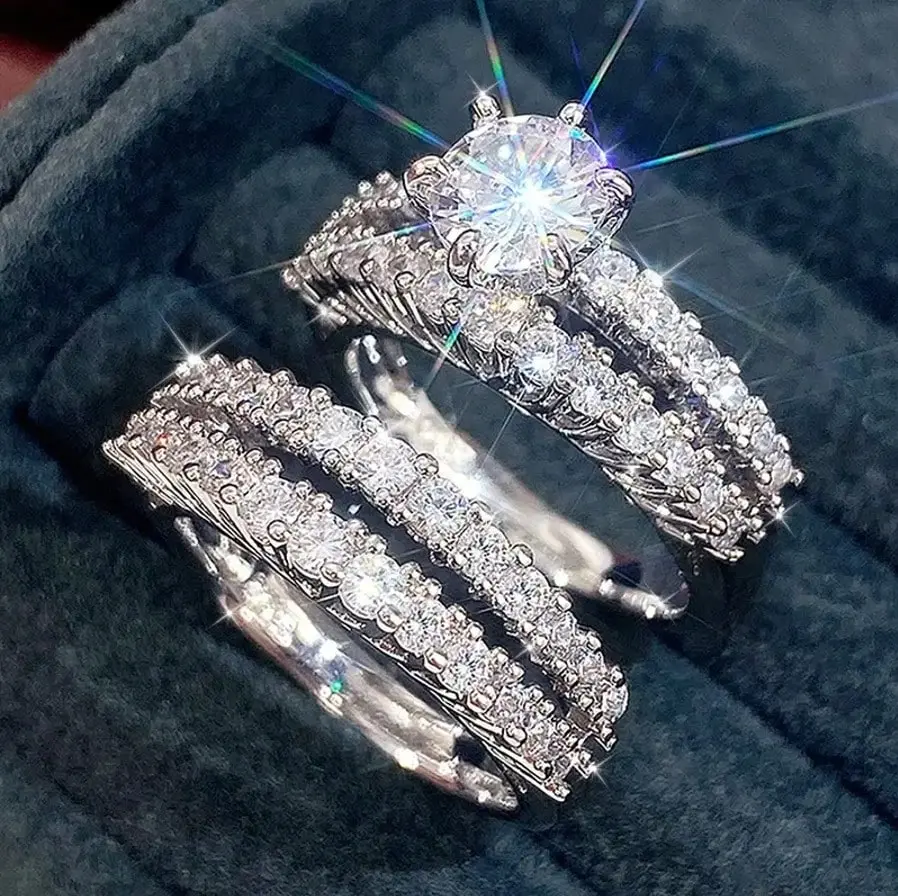 2PCS Engagement Ring Set – Sparkling Round Cubic Zirconia Bridal Wedding Rings for Women