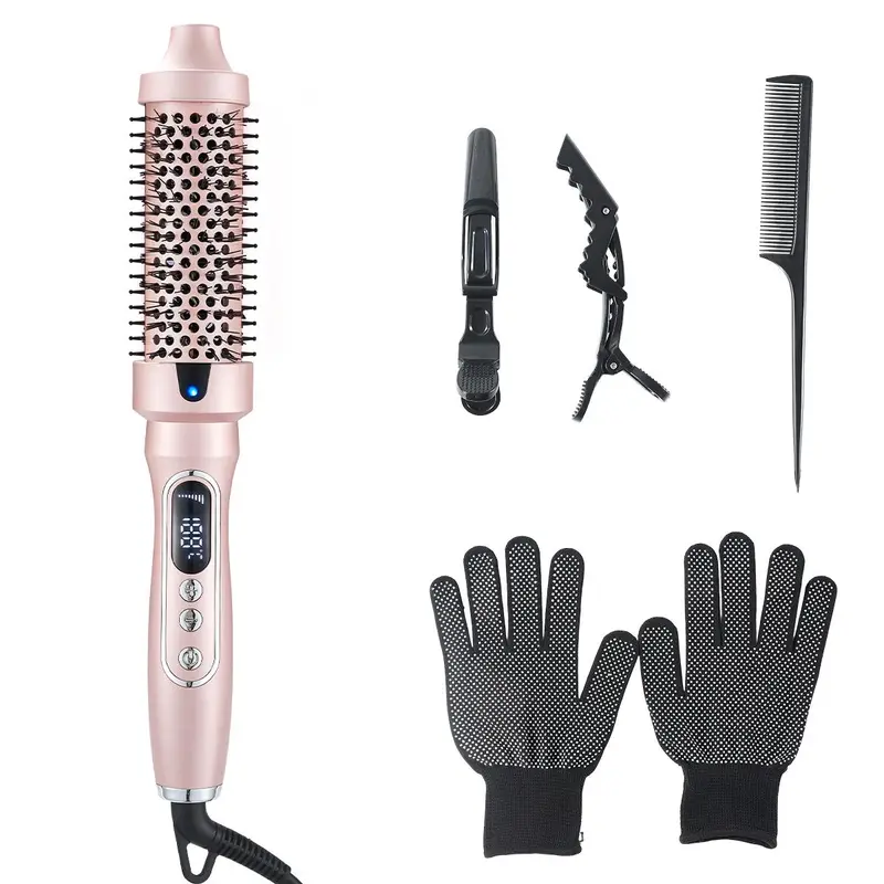 Upgraded Thermal Brush 1.5 Inch Heated Round Brush Blowout Boost Ionic Hair Straightener and Curler Dual Voltage with Gloves and Comb