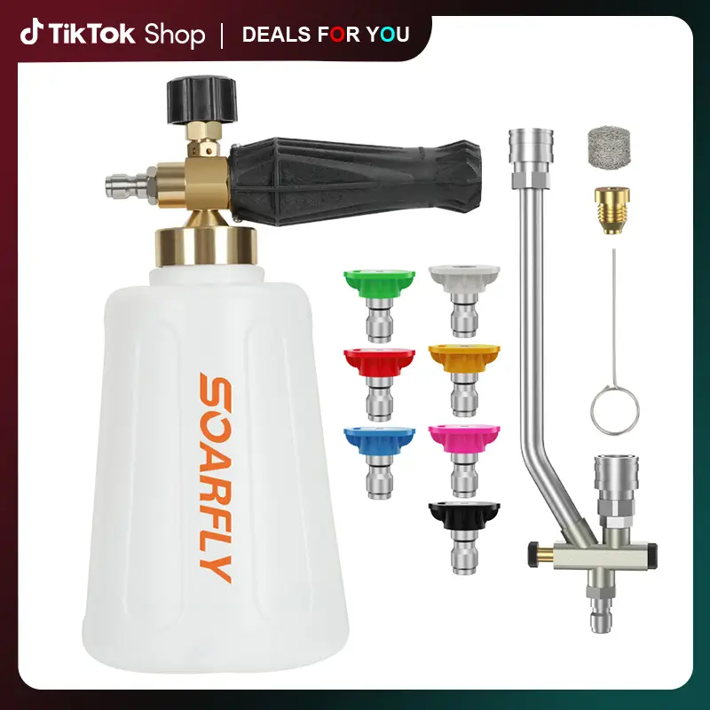 SOARFLY Pressure Washer Foam Cannon – 7 Nozzles, 1.5L Bottle, Quick Connect, Foam & Rinse Modes, Car Cleaning Kit