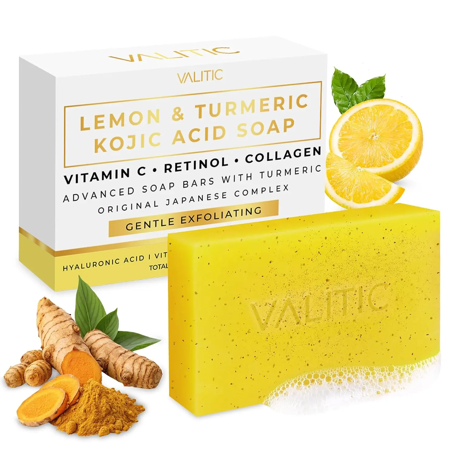 VALITIC Lemon Turmeric Kojic Acid Soap for Dark Spots, Face & Body - Exfoliating Brightening Skin Tone Corrector with Retinol, Vitamin C, Collagen, Hyaluronic Acid - Body Care for Sensitive Skin, Single Item