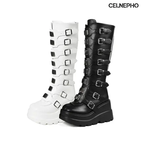 CELNEPHO Womens Platform Goth Knee High Boots Round Toe Chunky Wedge Heel Metal Buckle Strap Platform Boot Back Zipper Closure Comfy Easy Pull on Combat Motorcycle Gothic Punk Cosplay Party Nightclub Music Festival Outdoor Casual Fall Fashion Dress Shoes