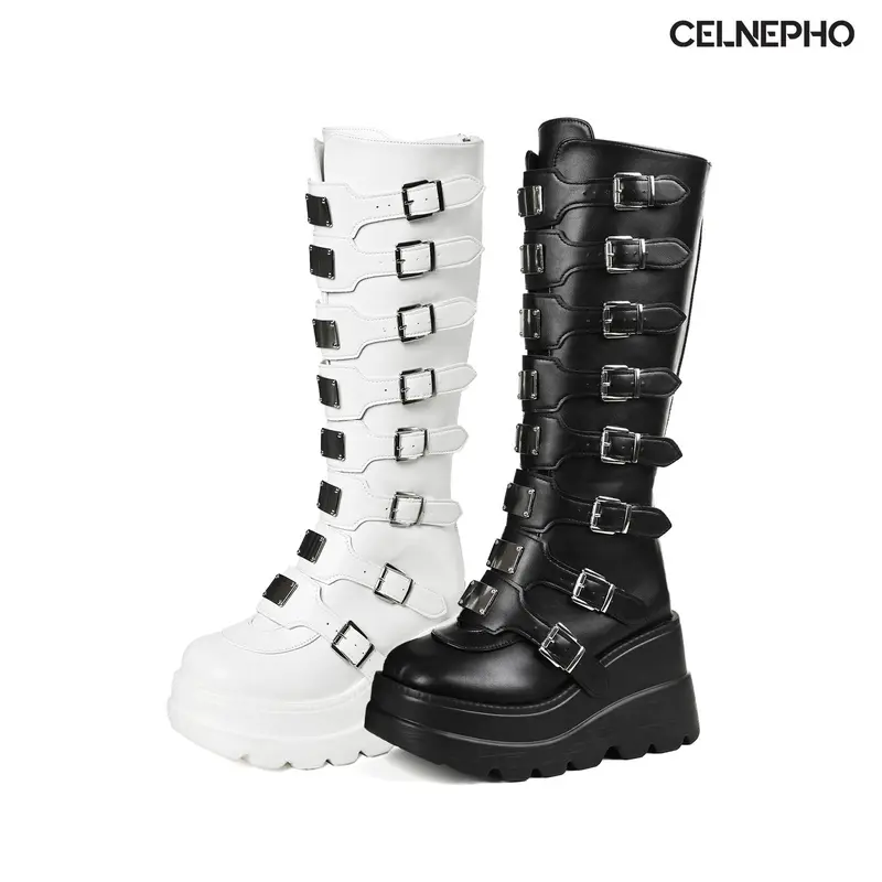 CELNEPHO Womens Platform Goth Knee High Boots Round Toe Chunky Wedge Heel Metal Buckle Strap Platform Boot Back Zipper Closure Comfy Easy Pull on Combat Motorcycle Gothic Punk Cosplay Party Nightclub Music Festival Outdoor Casual Fall Fashion Dress Shoes
