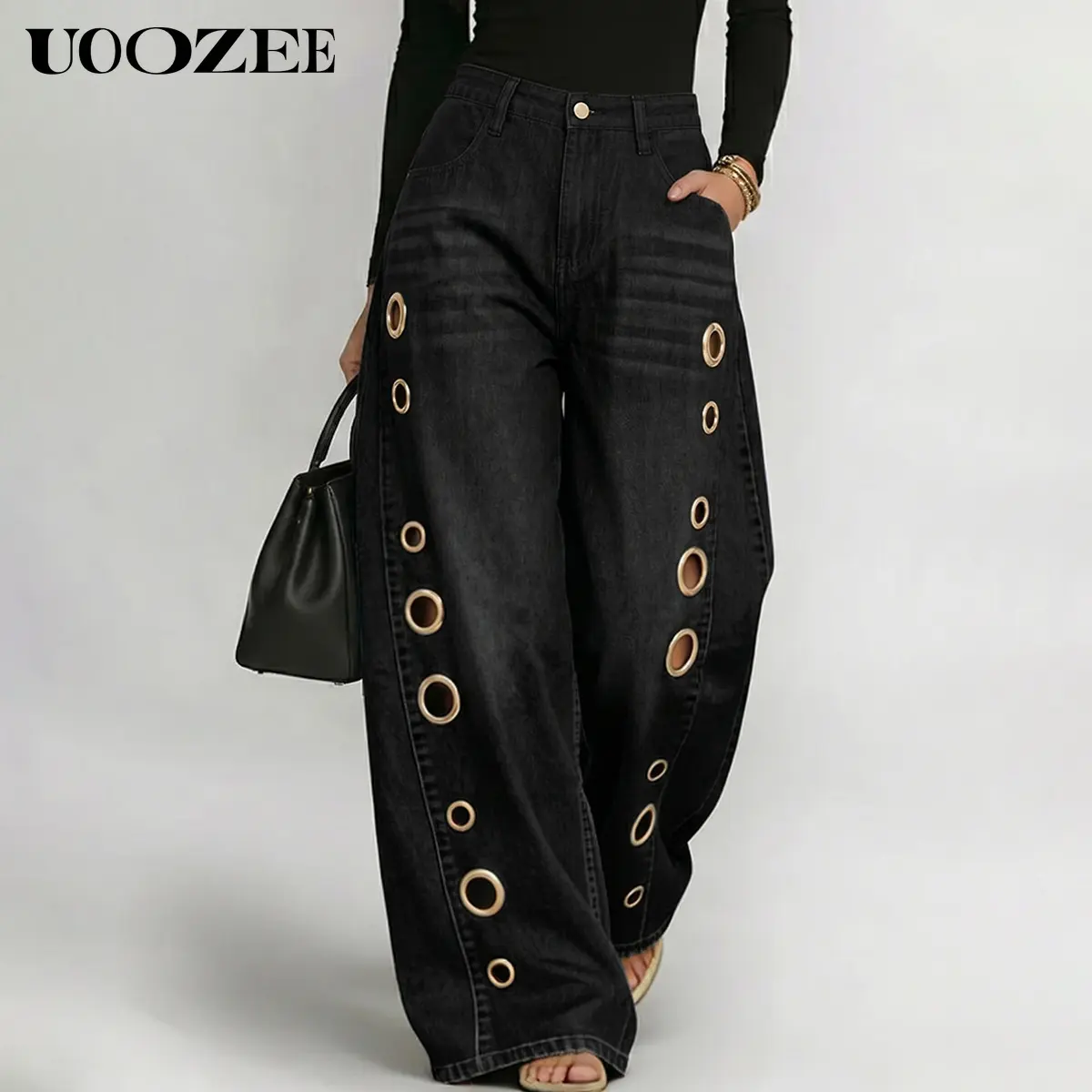 UOOZEE Women's 2026 New High-Waist Buttoned Geometric Hollow Pocket Loose Cotton Denim Trousers - Spring-Summer Casual Wear Everyday Bottoms with Eyelet Cutouts- Pair with Top, Tank Top