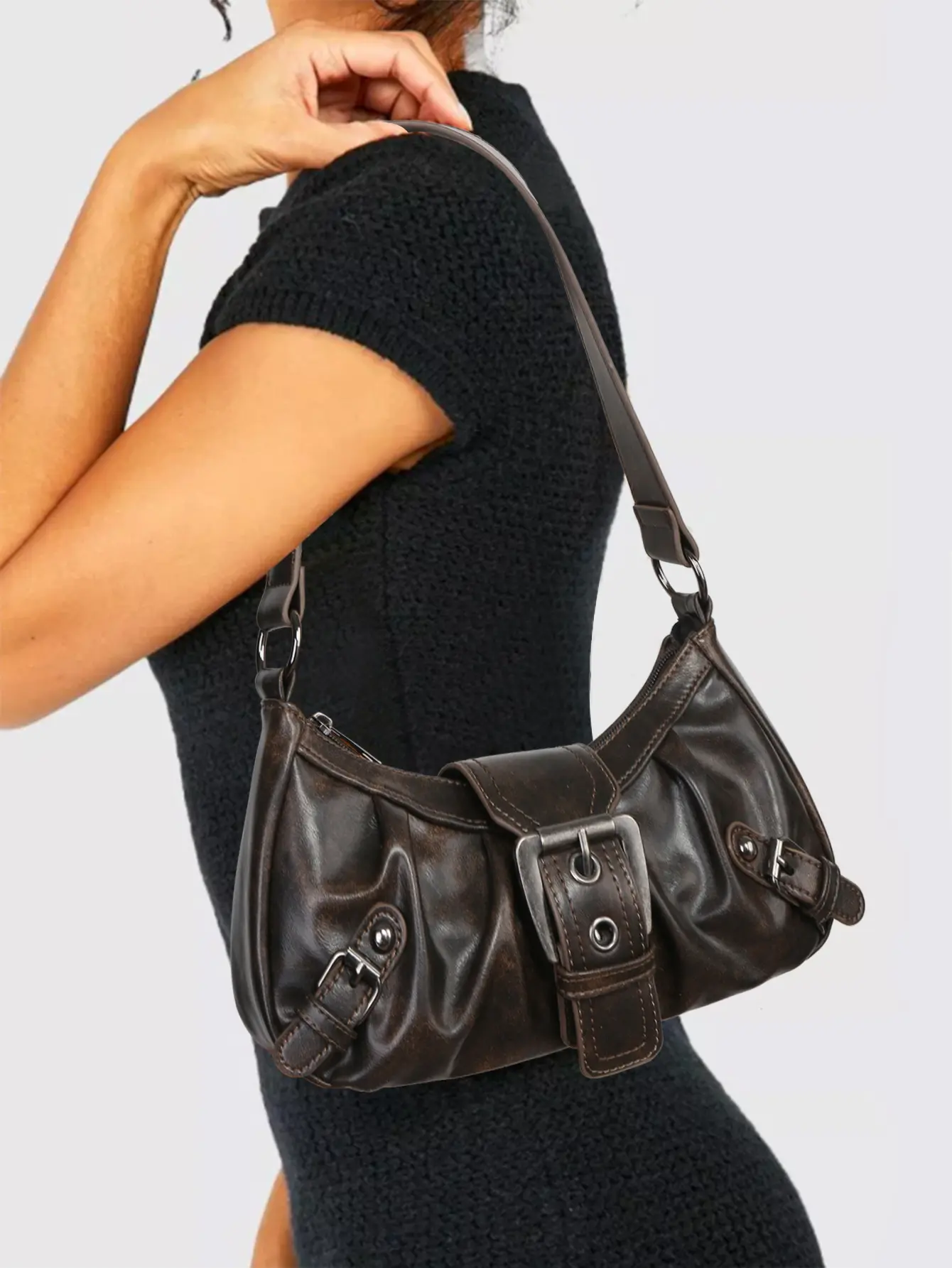 Y2K-Inspired Brown Shoulder Handbag for Women - Distressed Faux