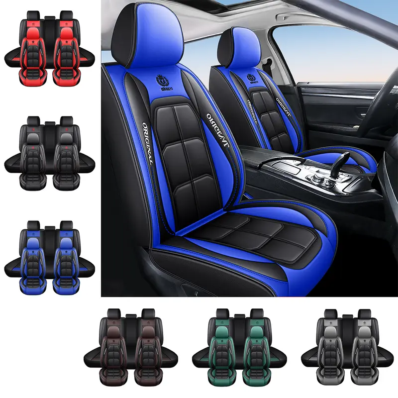 New Blue Five-Piece Set 2 Front 3 Rear Universal Car Seat Covers All-Season Full Leather Look Breathable Protector Changing Mat car  gifts katz kin _ leather