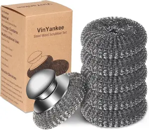 6Pcs Steel Wool Scrubber with Replacement Wire Pads Set, Stainless Steel Scrubber with Handle for Scouring Stubborn Messes from Cast Iron, Pots, Pans, Grill, Stoves, Sink(1 Scrubber+5 Pads)