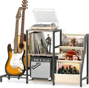 Record Player Stand, Guitar Stand for Acoustic, Electric Guitar, Bass with Amp Stand, 3-Tier Vinyl Record Storage, Record Holder, Record Player Table for Living Room Bedroom White