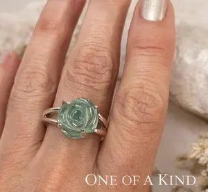 Fluorite Rose Ring Sterling Silver, Hand Carved Stone Ring, Purple Green Fluorite Ring, Statement Ring Size 9, Artisan Floral Jewelry