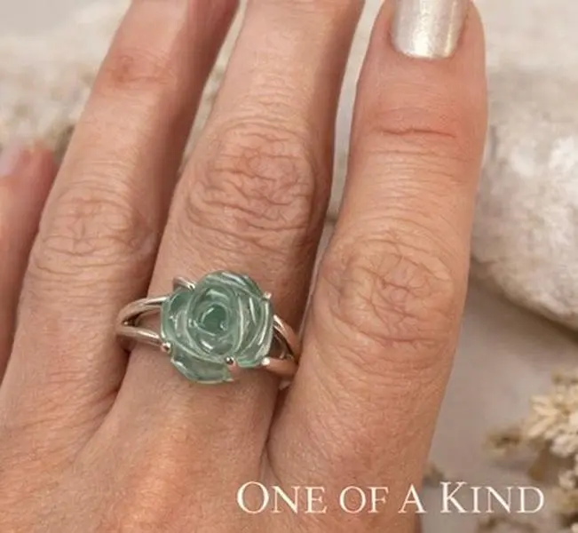 Fluorite Rose Ring Sterling Silver, Hand Carved Stone Ring, Purple Green Fluorite Ring, Statement Ring Size 9, Artisan Floral Jewelry