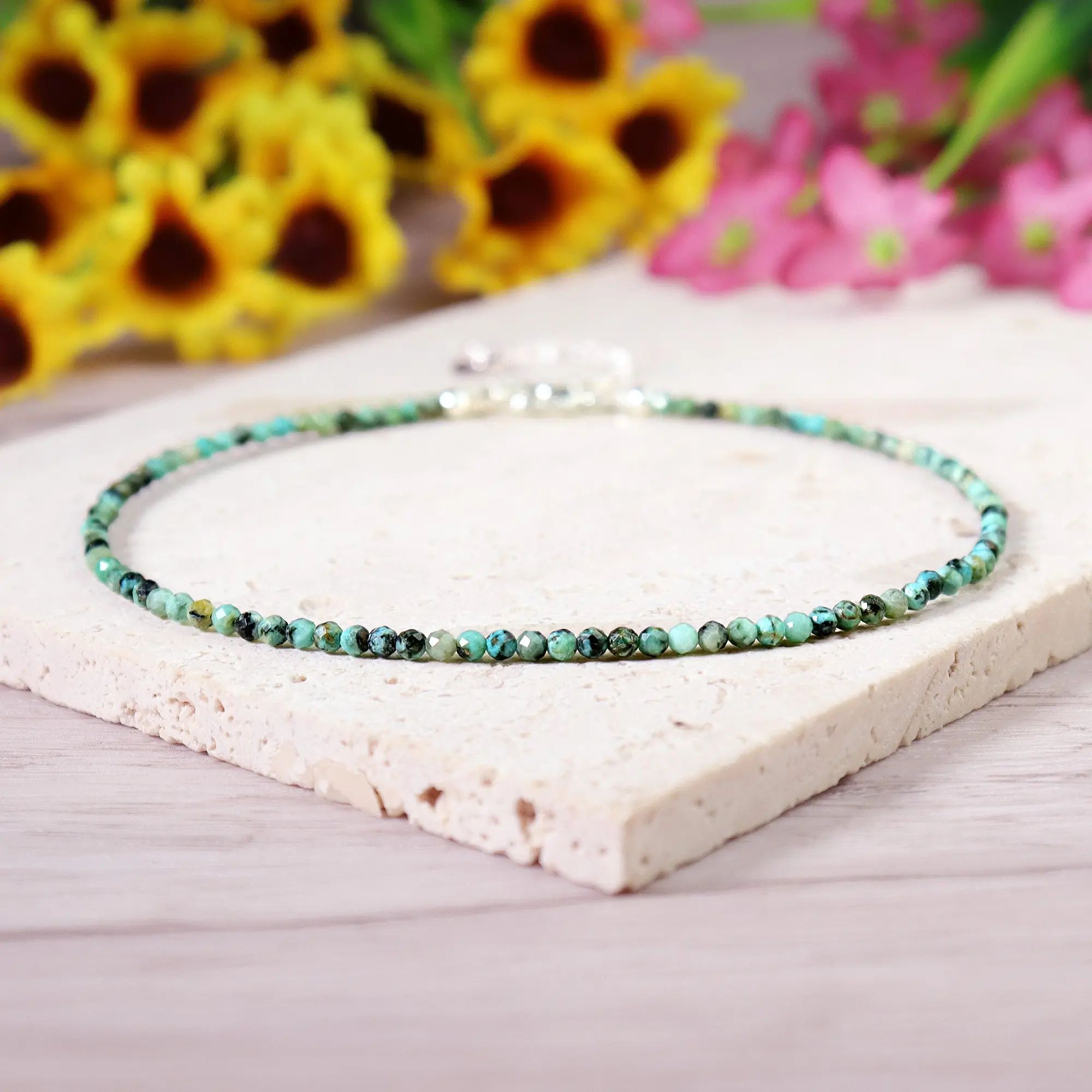 Natural African Turquoise 2mm Beads Ankle Bracelet Healing Balance Protection Women Men Crystal Handmade Sliver Chain Anklet Gifts