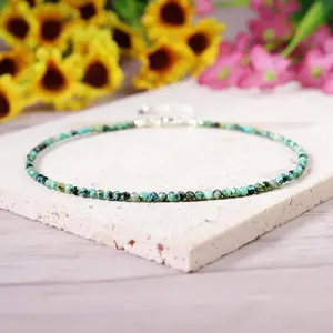 Natural African Turquoise 2mm Beads Ankle Bracelet Healing Balance Protection Women Men Crystal Handmade Sliver Chain Anklet Gifts