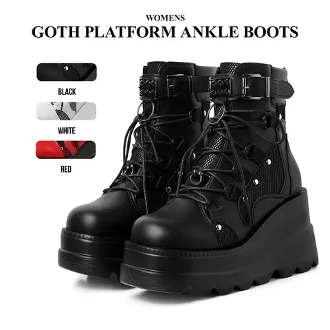 CYNLLIO Womens Platform Ankle Boots Chunky Wedge High Heel Booties Goth Round Toe Combat Boots Lace up Motorcycle Summer Fall Shoes