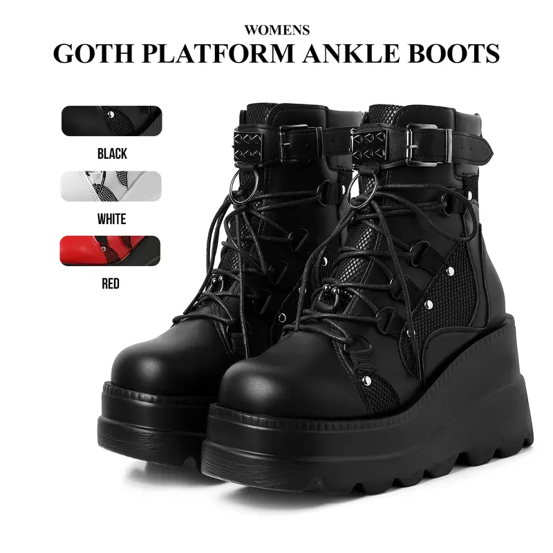 CYNLLIO Womens Platform Ankle Boots Chunky Wedge High Heel Booties Goth Round Toe Combat Boots Lace up Motorcycle Summer Fall Shoes