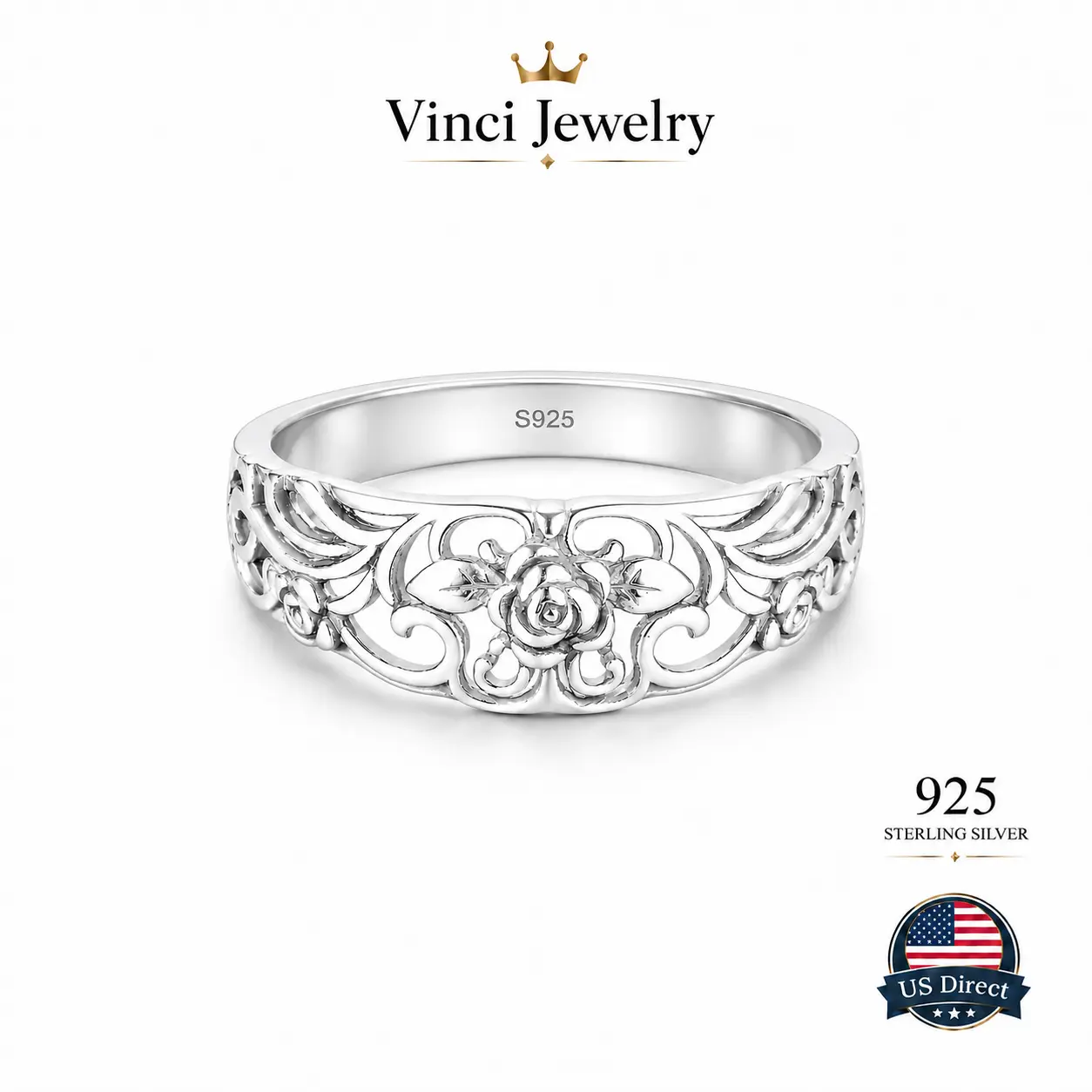 925 sterling silver Vintage Rose Floral Band Ring Elegant Filigree Flower Ring Minimalist Statement Jewelry Classic Botanical Wedding Band for Women Everyday Wear Anniversary Birthday Promise Ring Romantic Timeless Fashion Accessory Comfortable Design