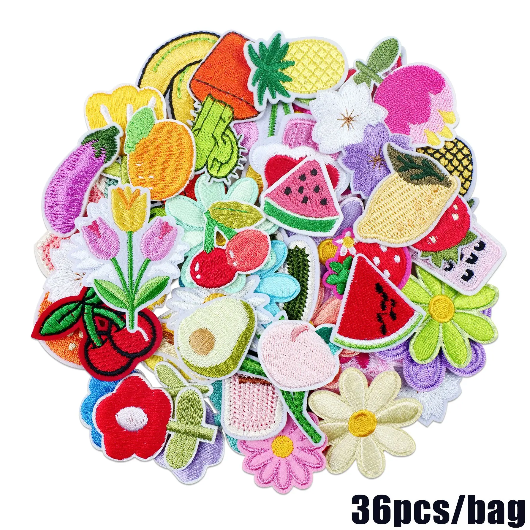 36pcs Floral Embroidered Patches Embroidery Patch Set, Embroidered Floral Design, Fruits Flowers Cactus Designs, Vibrant Mixed Colors, Durable Fabric for DIY Clothing Jackets T-Shirts Backpacks Socks Jeans