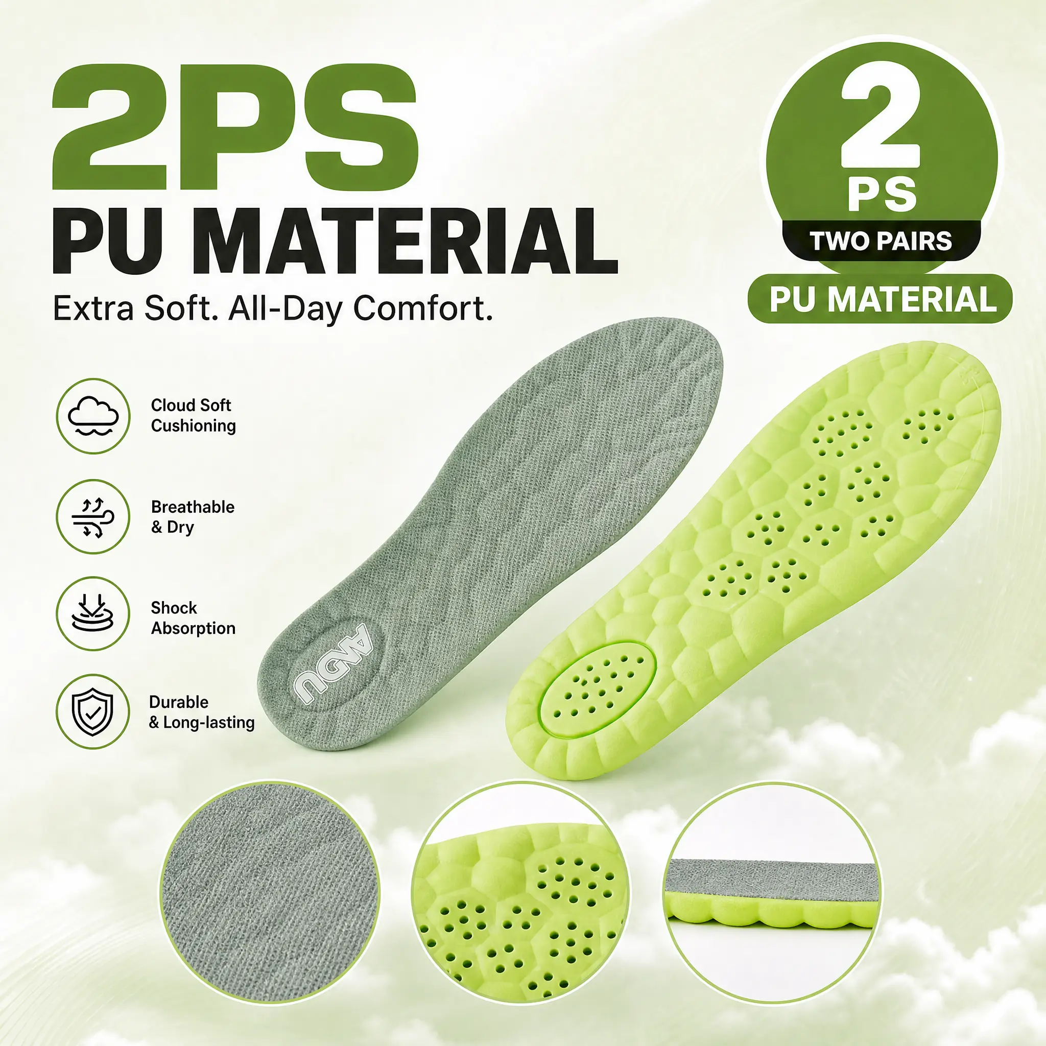 2-Pack ANDU Premium PU Cloud Inserts, Anti-Fatigue Comfort Insoles for All-Day Standing, Men's/Women's Work Boots