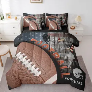 Rugby Sports Boys Kids 7 Piece Bedding Set,| Football Games Comforter Set with Sheets Stripe Helmet Retro Blue Brown Bed in A Bag Ball Gaming Ombre Bed Sets