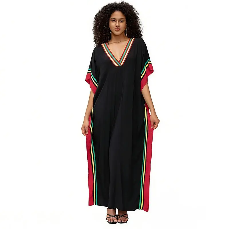 Women's Plus Size Casual Dresses, Boho Striped Ethnic Print Kaftan with Deep V-Neck, Viscose Loungewear and Beach Swimsuit Cover Up, Elegant, Fabric, Soft, Evening, Batwing, Caftan, Breathable, Style, Bohemian, Casual Wear, Fit, Lightweight, Ethnic Prints
