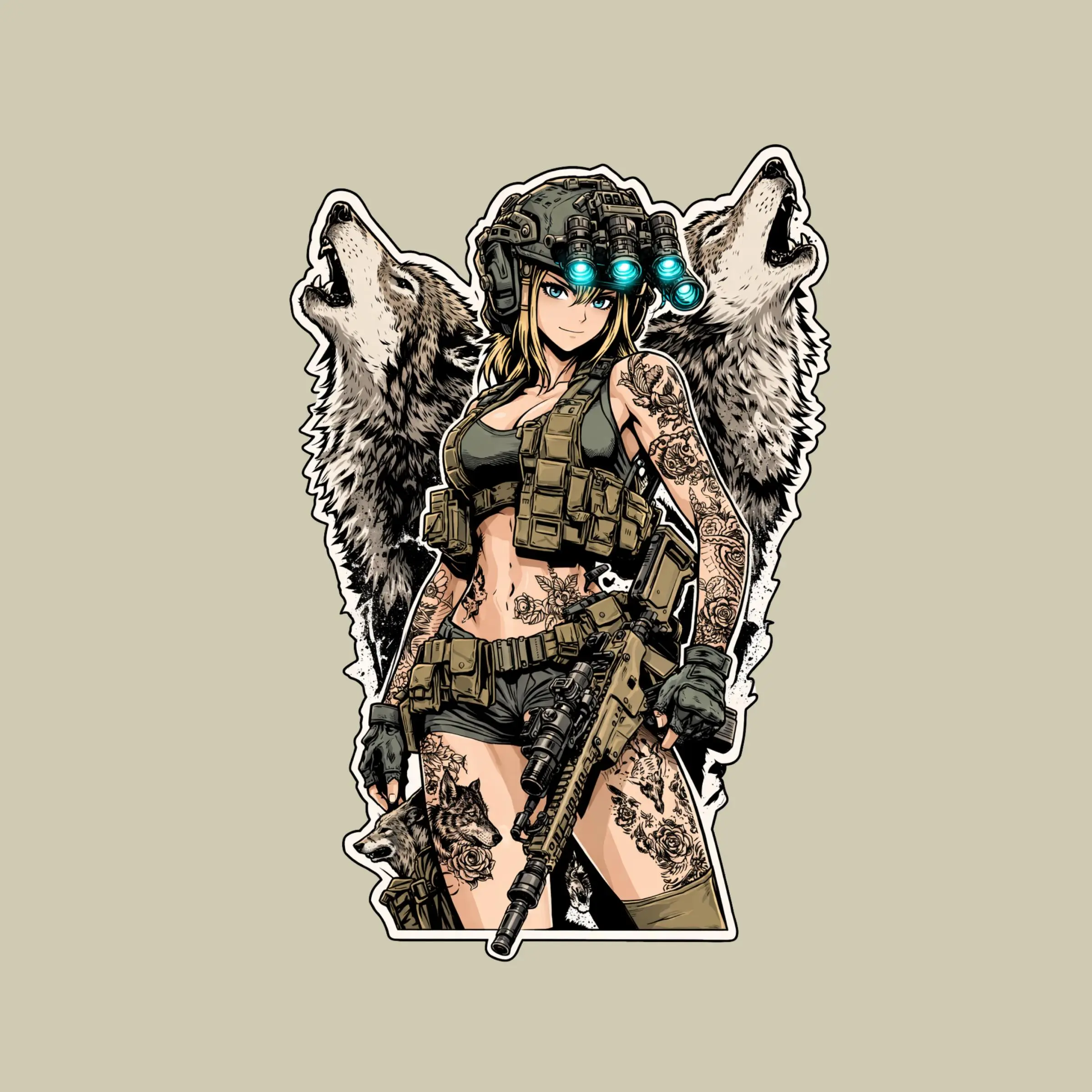Anime Military Girl With Wolves Sticker,  Tactical Soldier Tattoo Cyberpunk Warrior Decal Art