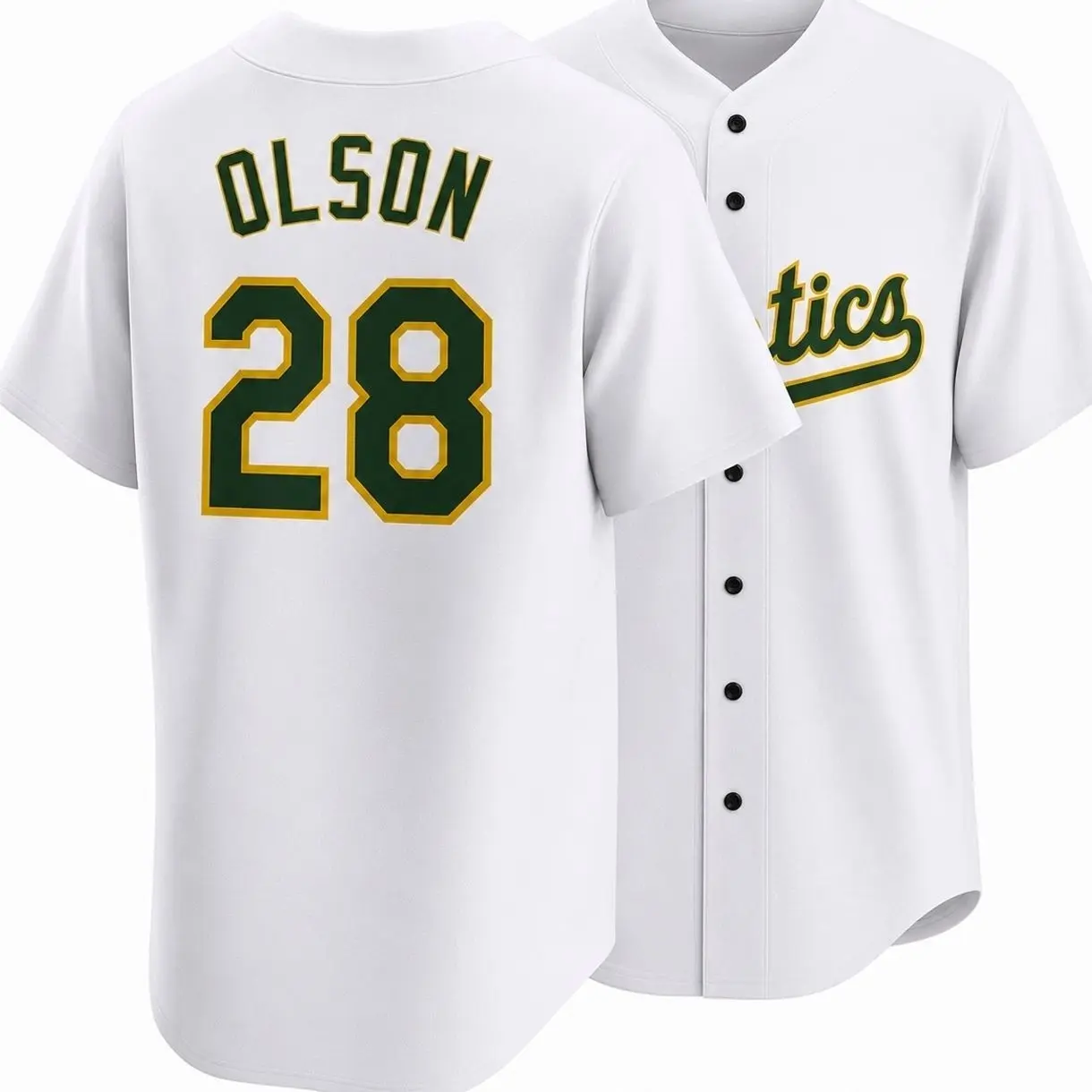 All-over Print Baseball Jersey Without Piping, White Green Gold Baseball Uniform, Olson #28 Sports Fan Jersey, Lightweight Athletic Apparel H
