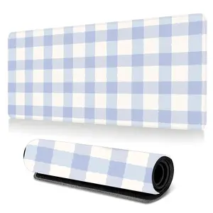 Watercolor Style Blue Checkered Pattern Gaming Desk Mat, 3mm Thickened Cute Cottagecore Desktop Protection Pad, Anti-Slip Rubber Lock Edge High-Definition Printing, Suitable For Computers, Laptops, Offices, Homes, Schools, Great Gift For Family And Friend