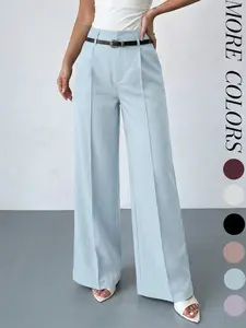 Women's Elastic Waist Solid Color Zipper Button Pocket Wide Leg Pants, Elegant Commuter Multi-Functional Office Wear
