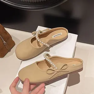 Women's Slip-On -Embellished Bow Flats - Soft Rubber Sole Synthetic Cover Casual Shoes, Beige Round Toe Flats for All-Season Comfort & Easy Slip-On Design, Allseason Shoes |   Bow Detail Footwear |   Durable Flat Shoes