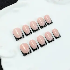 10 square handmade nail tips, Y2K ， Black French gradient, black border nude color, commuting, hand drawn design, suitable for women's nail stickers, dating, shiny nails for daily wear, including toolkits, excellent gifts, Nail Art