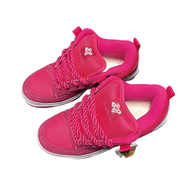 Vibrant Pink Rope Sneakers Large-sized Low-top Thick-soled Roller Skates Rose Check Laced Casual Shoes Cushioned Insoles Anti-slip Rubber Soles Heavy-duty All-terrain Towing Skateboards Walking Daily Wear Wide Size