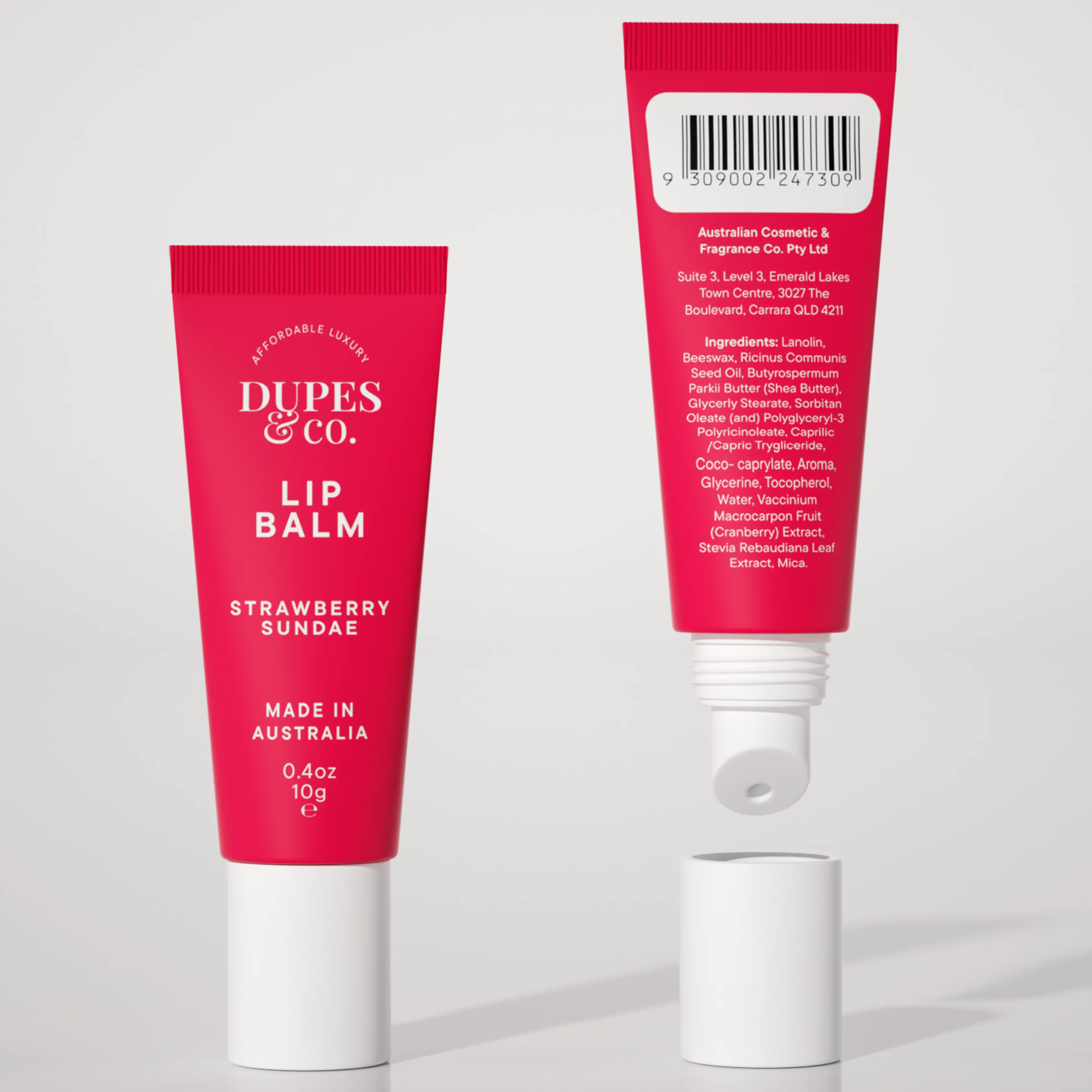 DUPES & CO. Strawberry Sundae Lip Balm - Sweet & Soft Hydrating Formula - 10g Tube - Made in Australia - Fruity Dessert Fragrance