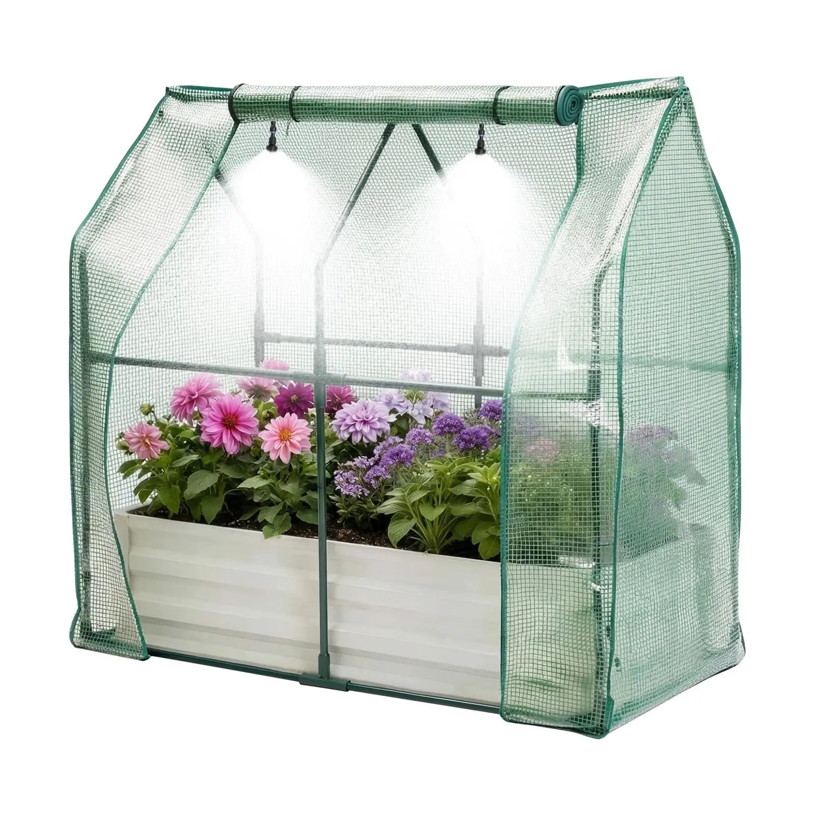 48"x24"x12" Raised Garden Bed Kit with Pitched Roof Greenhouse Cover & Irrigation, 3-in-1 Metal Planter Box with Self-Watering System & Insect Mesh, Outdoor Raised Bed for Vegetables Flowers