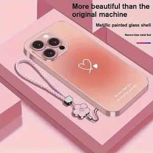 Advanced Gradient Heart Pattern New Lanyard Set Metal Spray Paint Glass Phone Case, Suitable for iPhone 16/16 Plus/16 Pro/16 Pro Max/15/15 Plus/15 Pro/15 Pro Max/14/14 Plus/14 Pro/14 Pro Max/13/13 Pro/13 Pro Max/12/12 Pro/12 Pro Max/11/11 Pro Max - Perfec