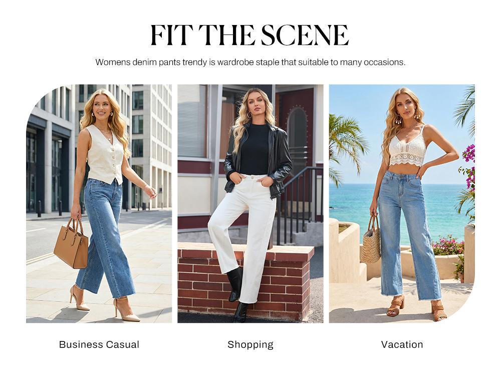 Sidefeel Women's Wide Leg Jeans High Waisted Stretchy Raw Hem Zimbaplatinum Denim Pants