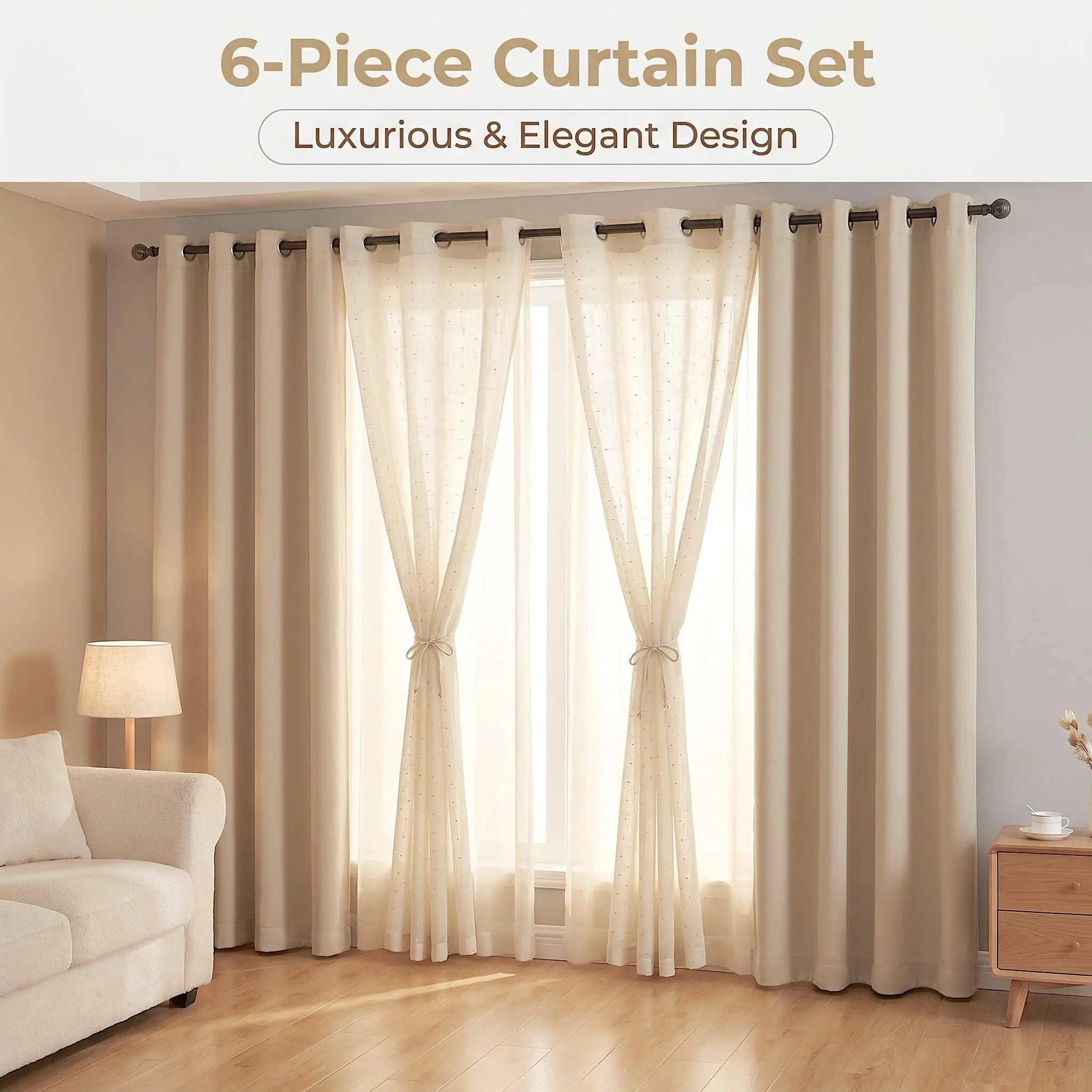 6 Panels Combination Grommets Curtains Including : 2 PANELS 54"x 84" Solid Full Blackout Curtains & 4 PANELS 34"x 84" Diamond Faux Linen Curtains QF222 FT2930 living room bathroom holiday decoration cortinas inganchos bedroom uv protection