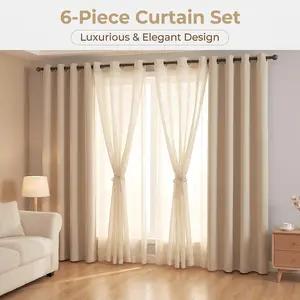 6 PANELS Combination Grommets Curtains Including : 2 PANELS 54"x 84" Solid Full Blackout Curtains & 4 PANELS 34"x 84" Diamond Faux Linen Curtains QF222 FT2930