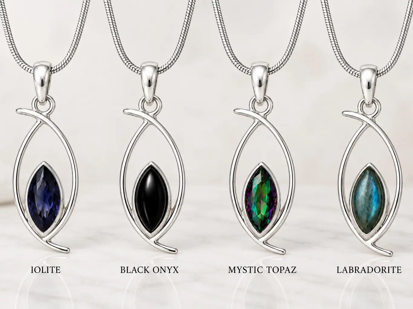 Sterling Silver Marquise Semiprecious Stone Pendant - Customizable Selection for Jewelry Accessories