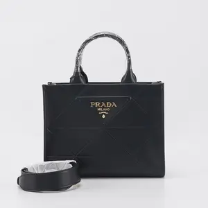 Pre-owned PRADA Calfskin Tote Bags Soft Triangolo Symbole Embossed Medium Tote Black BGP205331 Maya