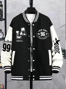 Men's Casual Fitted Baseball Jacket, Geometric Print, Button Closure, All Season, Stretchy Warm Fabric, Ideal for Outdoor Sports