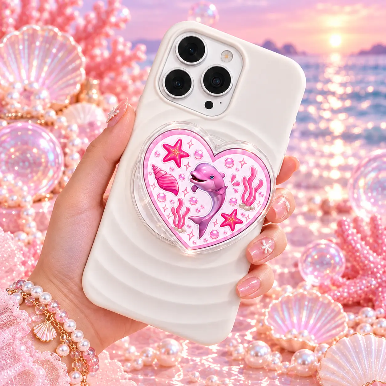 Dolphin Mermaid MagSafe Phone Grip – Cute Ocean Fantasy Acrylic Phone Holder with Foldable Kickstand, Pink Underwater Princess Accessory, Gift for Her